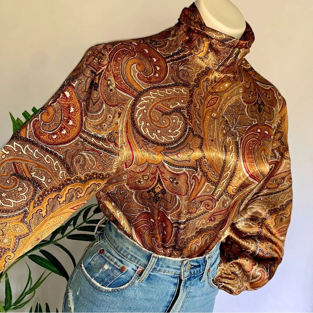 v i n t a g e :: Flowy High Neck Paisley Satin Blouse - Picture 2 of 11